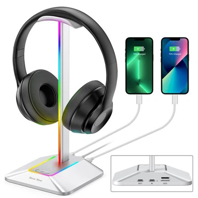 Baltas RGB žaidimų ausinių stovas su USB šakotuvu